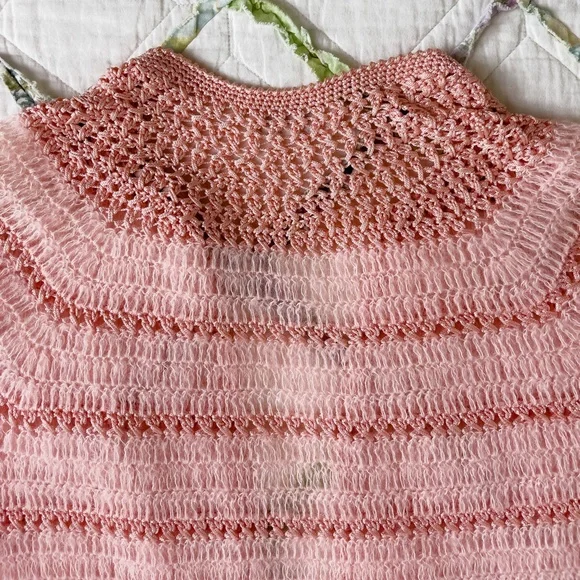 60s Baby Pink Long Sleeve Crochet Cardigan Sweater - Picture 6 of 8
